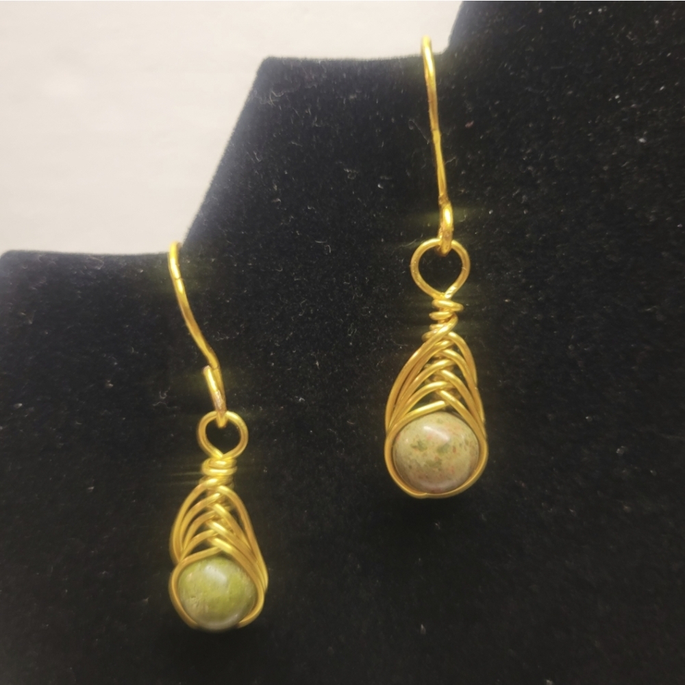 Gold Wire Herringbone Natural Unakite Bead Earrings